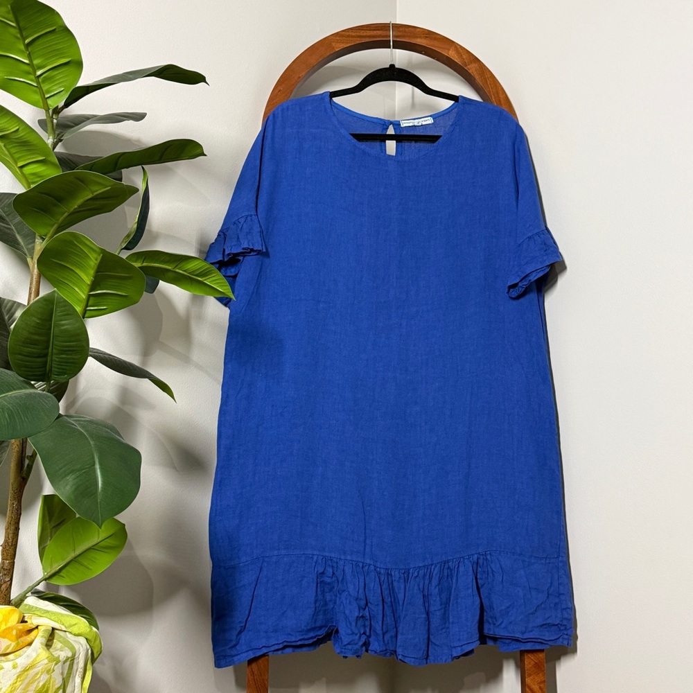 Martina Innocenti SMALL Blue 100% Linen Ruffle Sleeve Hem Dress Italy Made